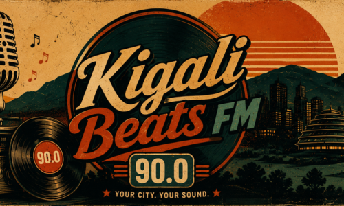 Kigali Beats FM retro artwork with microphone, vinyl and the Kigali skyline
